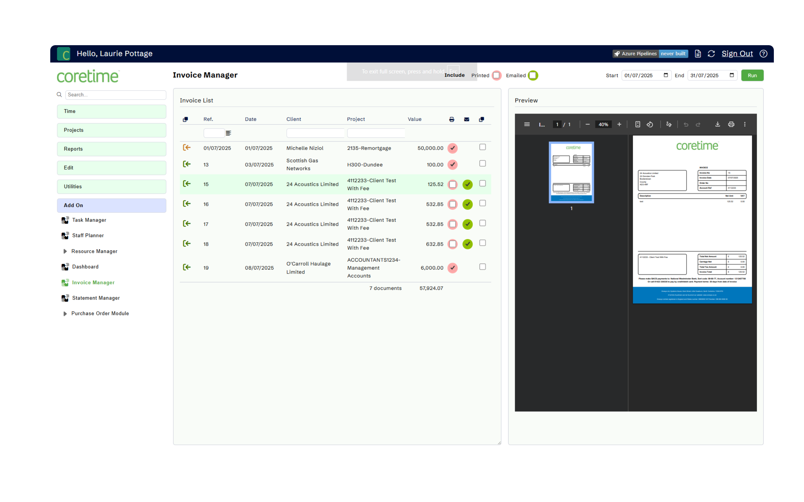 Coretime invoice manager screenshot