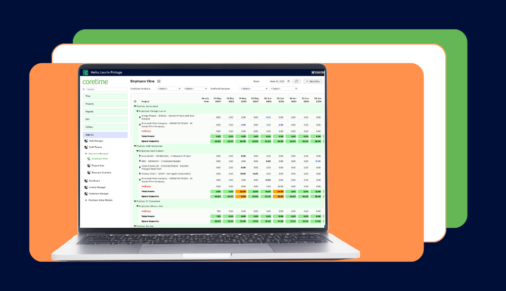 Professional demonstrating the Coretime dashboard with Irish branding colours.