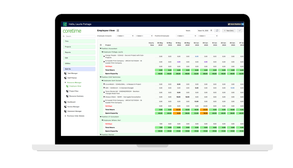 Coretime Resource Manager dashboard employee view on desktop, displaying project schedules, team workloads, and assigned tasks for efficient resource planning.