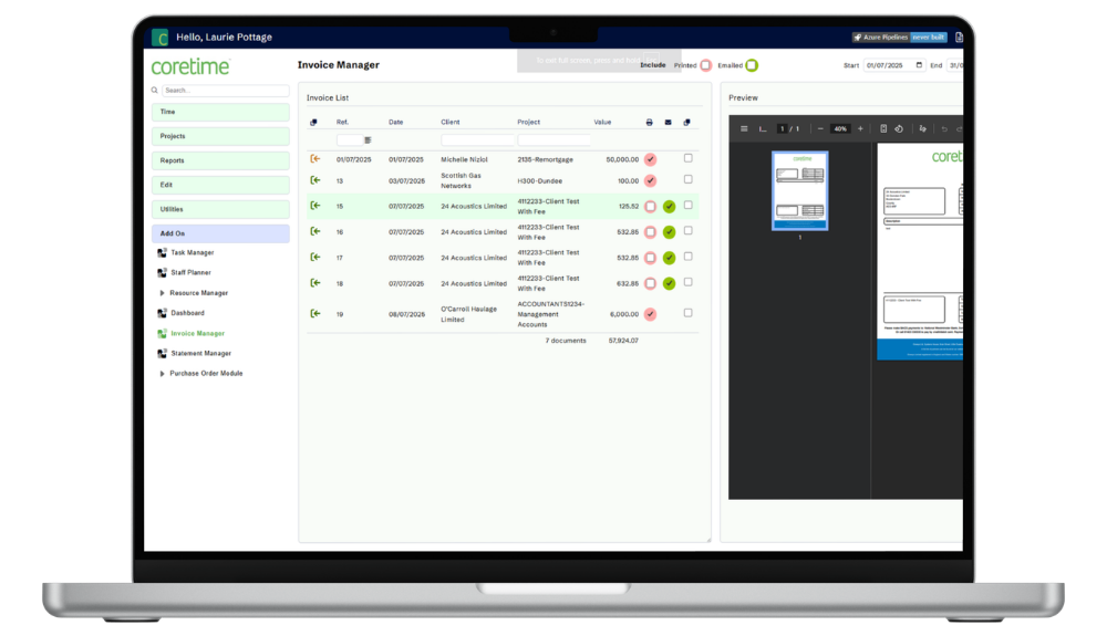 coretime invoice manager dashboard on laptop showing an invoice being created and processed.