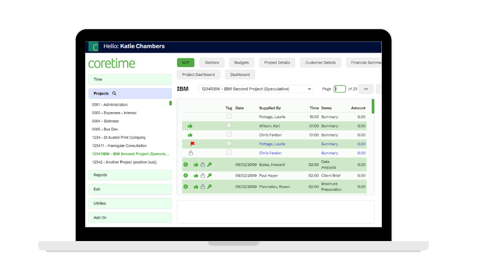 Coretime project management WIP dashboard on laptop screen, displaying supplied by, times, items, and amount columns for tracking project expenses and billing.