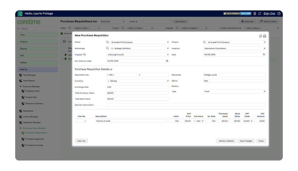 coretime purchase order requisition dashboard showing client, workstage, requisition number, currency and additional project details.