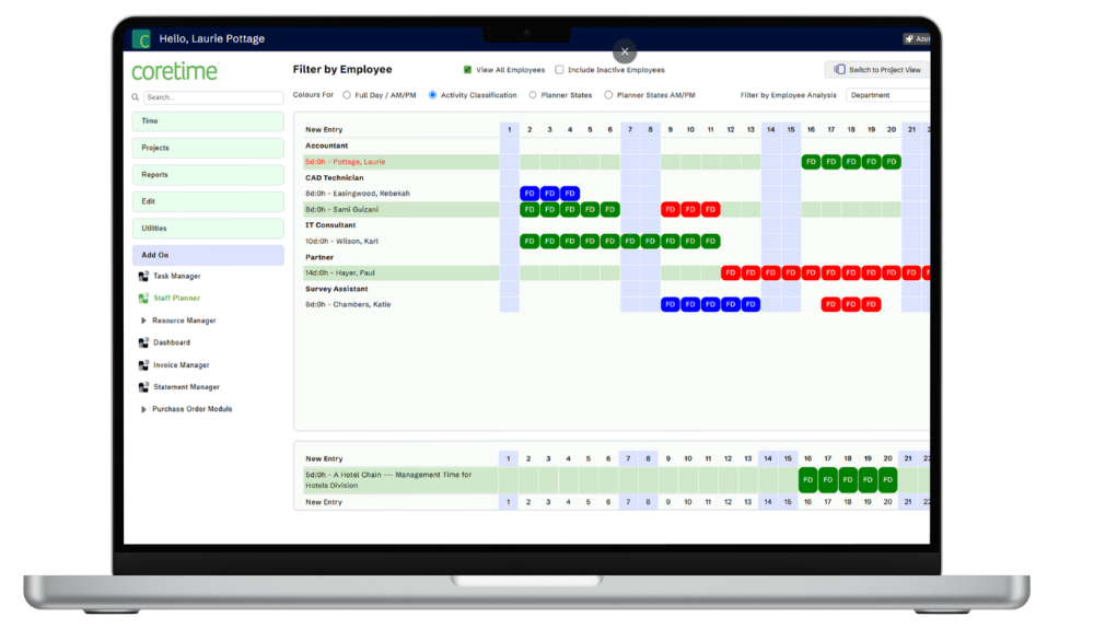 coretime Staff Planner dashboard on desktop showing activity classification and planner states for each employee.