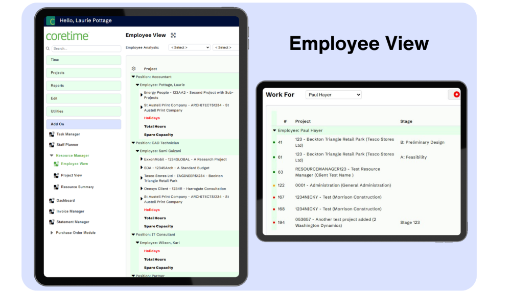 Coretime Resource Manager dashboard employee view on iPad, showing project schedules, workloads, and tasks for professional services teams.